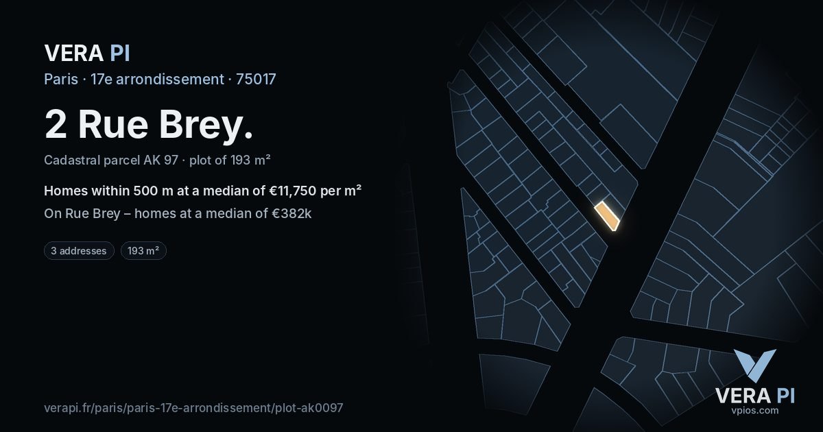 2 Rue Brey, 17e arrondissement at night – the plot lit, the parcels around coloured by the prices near them