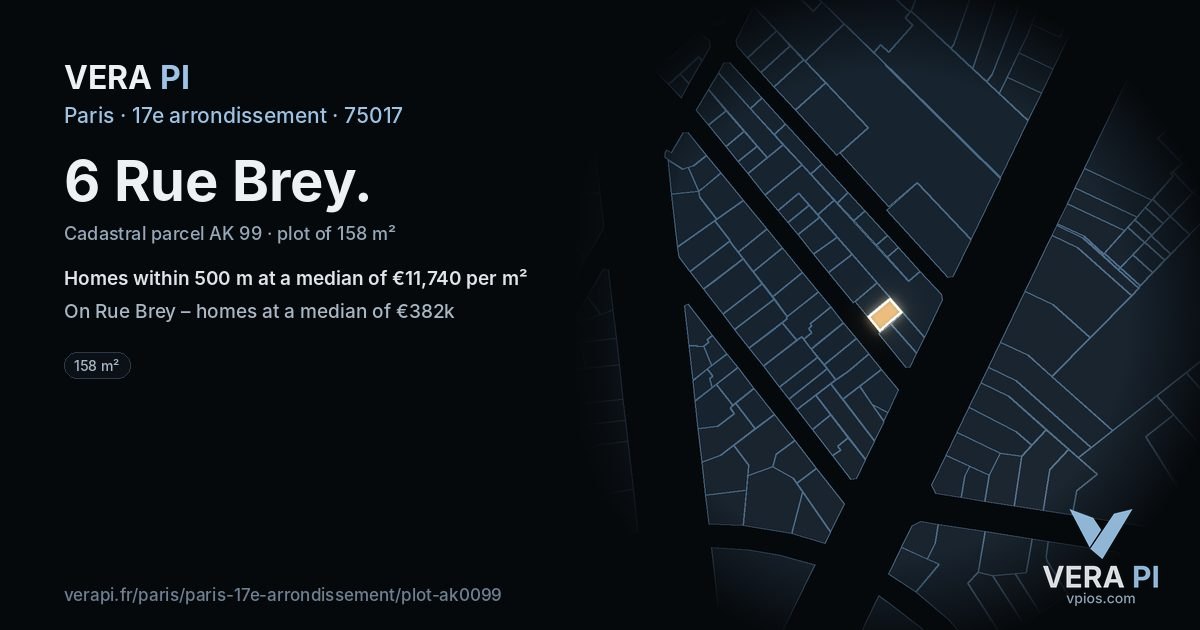 6 Rue Brey, 17e arrondissement at night – the plot lit, the parcels around coloured by the prices near them