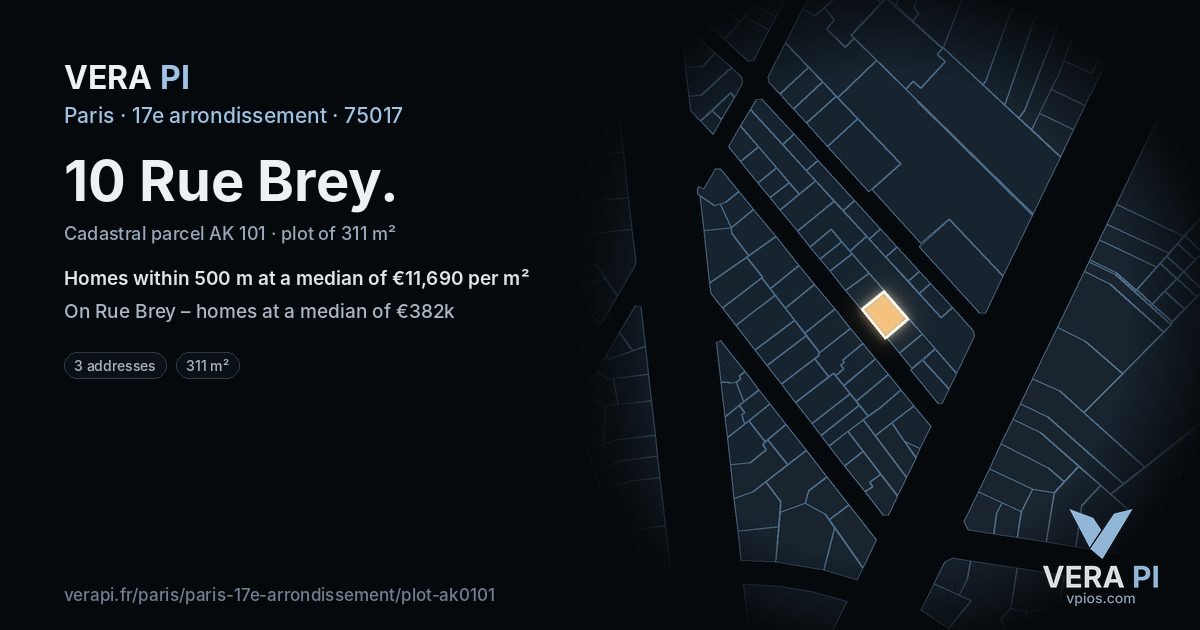 10 Rue Brey, 17e arrondissement at night – the plot lit, the parcels around coloured by the prices near them