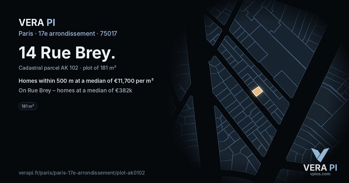 14 Rue Brey, 17e arrondissement at night – the plot lit, the parcels around coloured by the prices near them