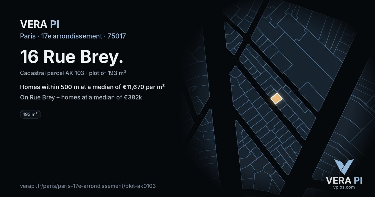 16 Rue Brey, 17e arrondissement at night – the plot lit, the parcels around coloured by the prices near them