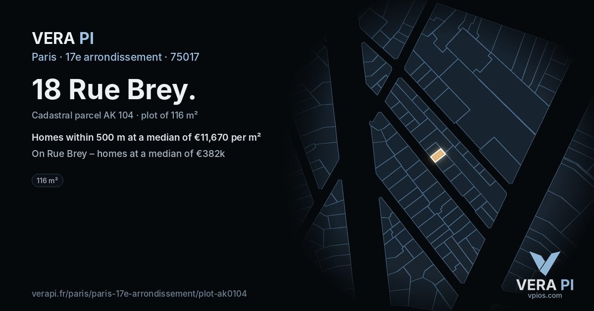 18 Rue Brey, 17e arrondissement at night – the plot lit, the parcels around coloured by the prices near them