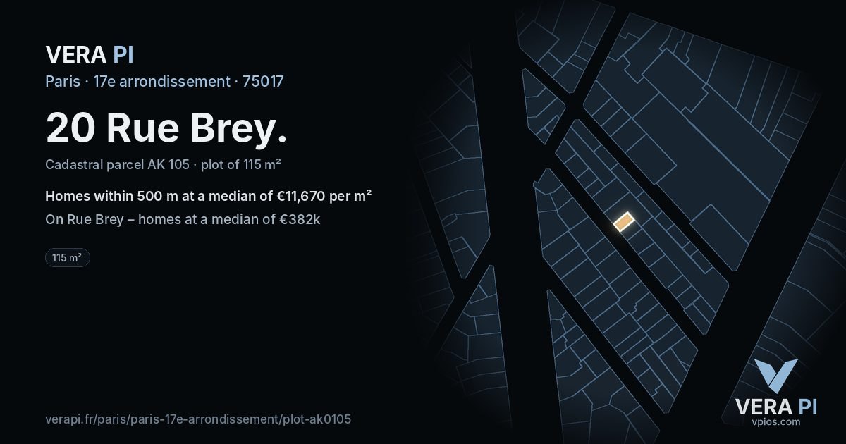 20 Rue Brey, 17e arrondissement at night – the plot lit, the parcels around coloured by the prices near them