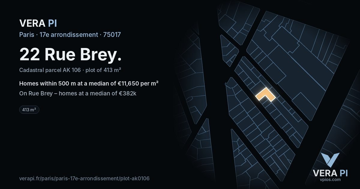 22 Rue Brey, 17e arrondissement at night – the plot lit, the parcels around coloured by the prices near them