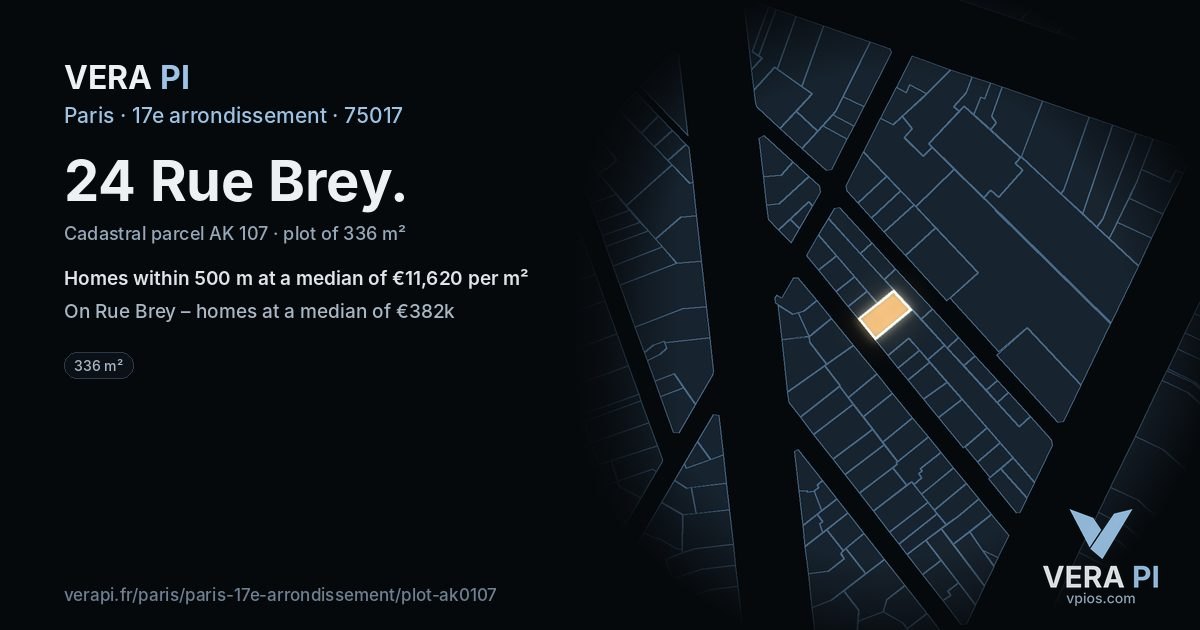 24 Rue Brey, 17e arrondissement at night – the plot lit, the parcels around coloured by the prices near them