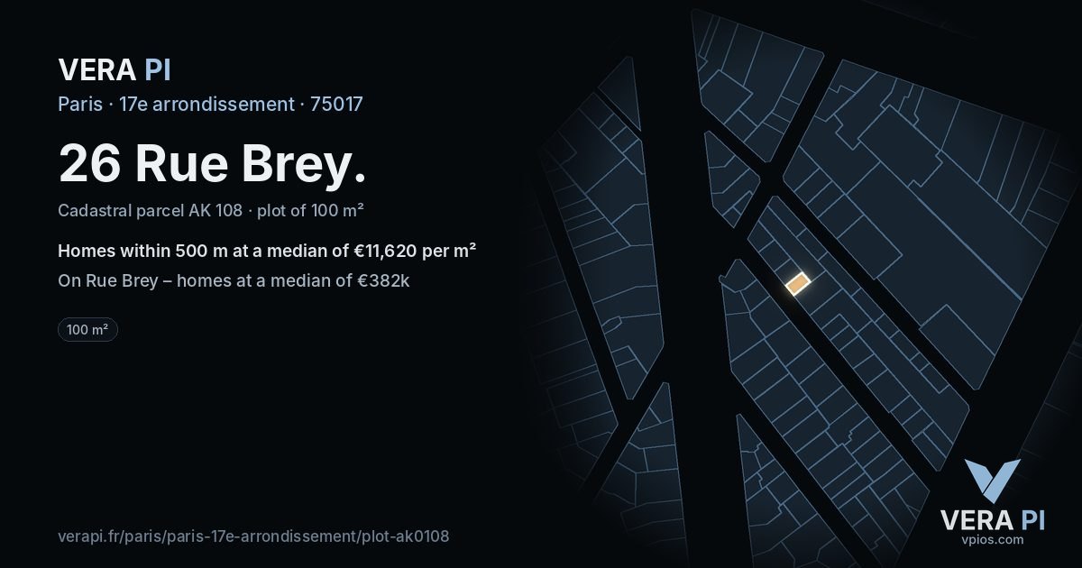 26 Rue Brey, 17e arrondissement at night – the plot lit, the parcels around coloured by the prices near them