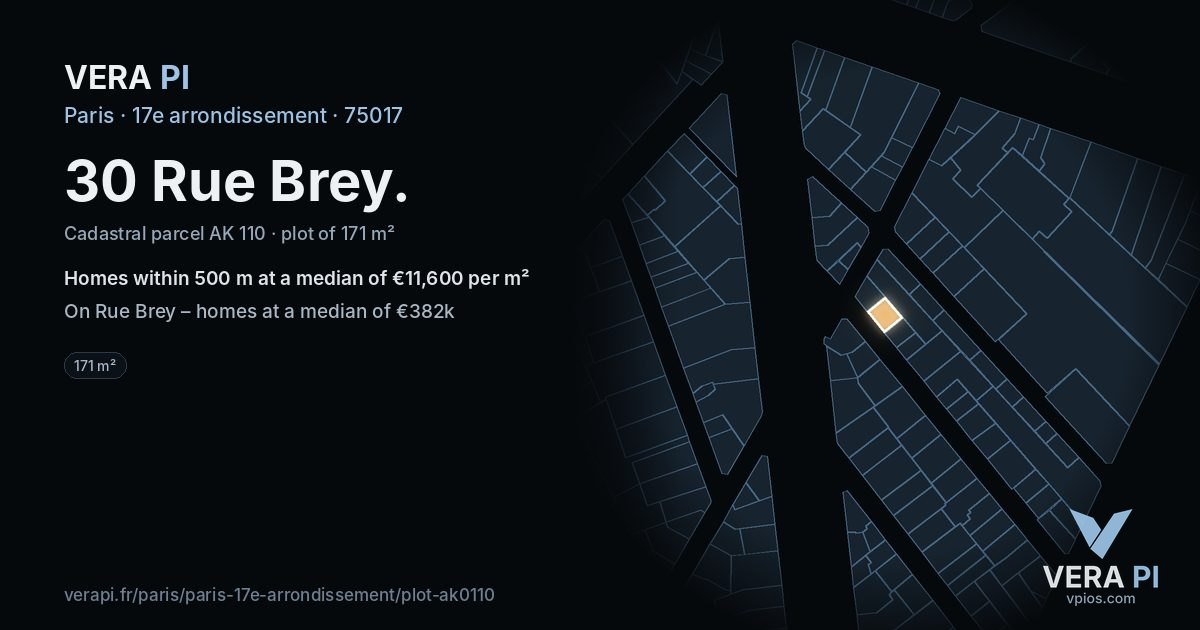 30 Rue Brey, 17e arrondissement at night – the plot lit, the parcels around coloured by the prices near them