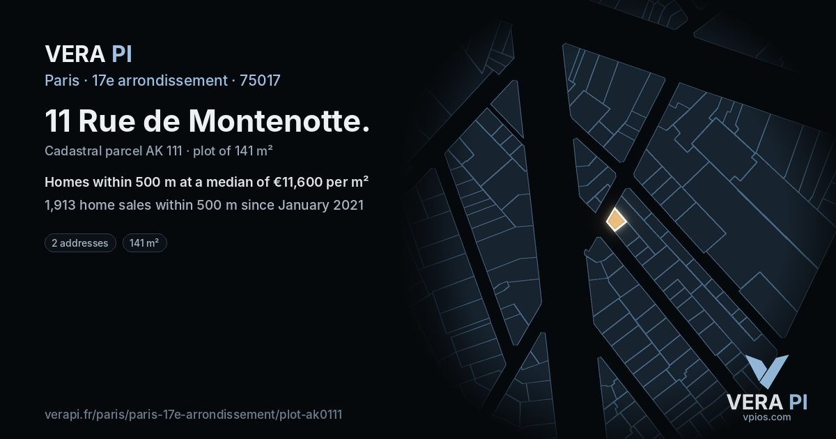 11 Rue de Montenotte, 17e arrondissement at night – the plot lit, the parcels around coloured by the prices near them