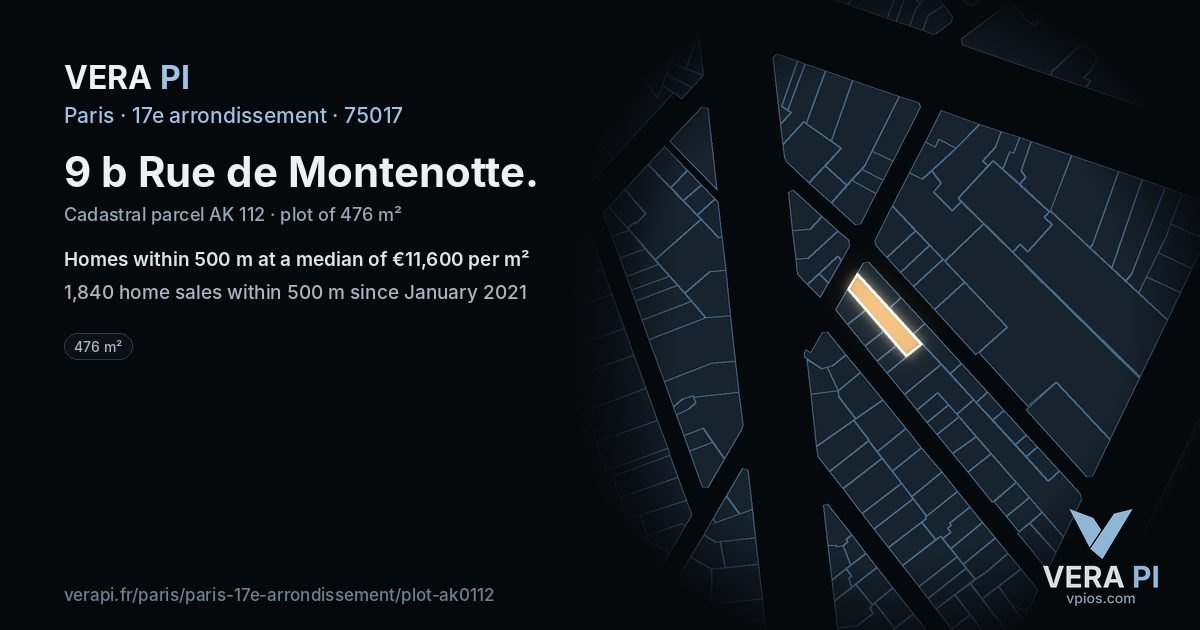 9 b Rue de Montenotte, 17e arrondissement at night – the plot lit, the parcels around coloured by the prices near them