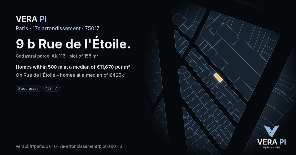 9 b Rue de l'Étoile, 17e arrondissement at night – the plot lit, the parcels around coloured by the prices near them