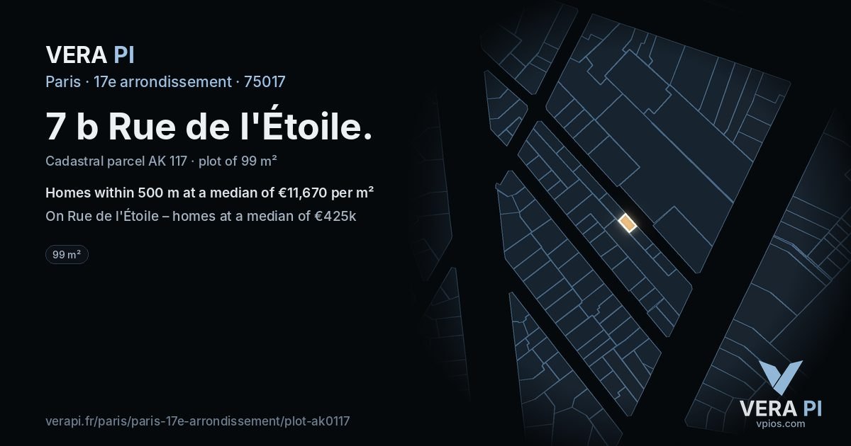 7 b Rue de l'Étoile, 17e arrondissement at night – the plot lit, the parcels around coloured by the prices near them
