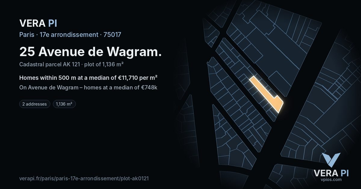 25 Avenue de Wagram, 17e arrondissement at night – the plot lit, the parcels around coloured by the prices near them