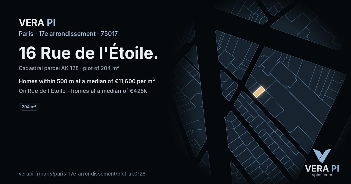16 Rue de l'Étoile, 17e arrondissement at night – the plot lit, the parcels around coloured by the prices near them