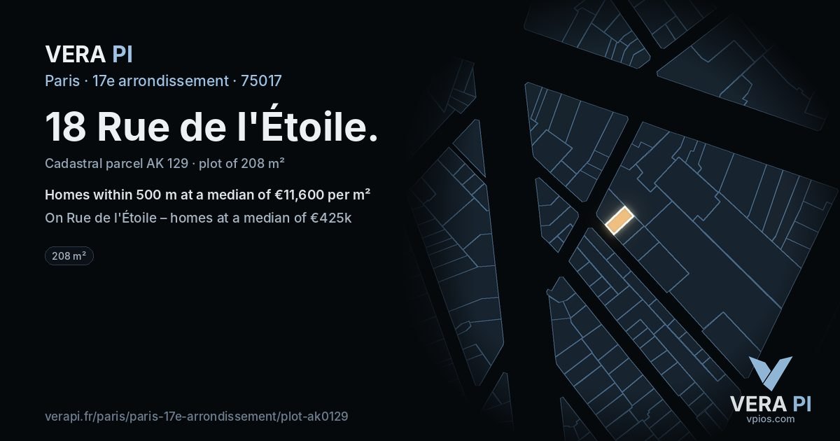 18 Rue de l'Étoile, 17e arrondissement at night – the plot lit, the parcels around coloured by the prices near them