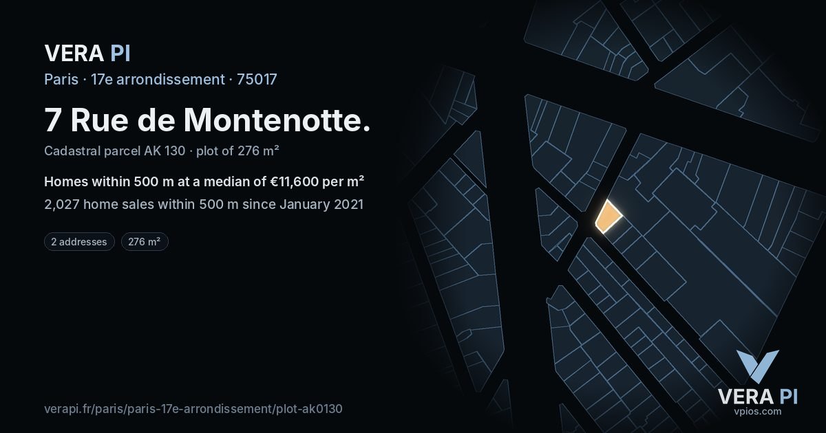 7 Rue de Montenotte, 17e arrondissement at night – the plot lit, the parcels around coloured by the prices near them