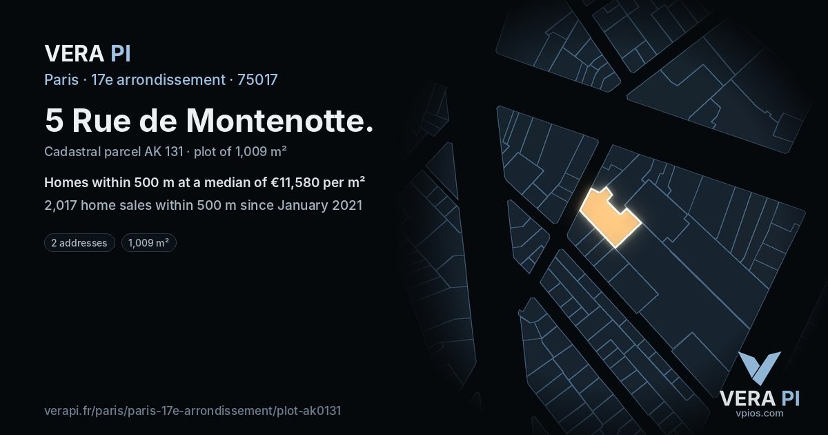 5 Rue de Montenotte, 17e arrondissement at night – the plot lit, the parcels around coloured by the prices near them