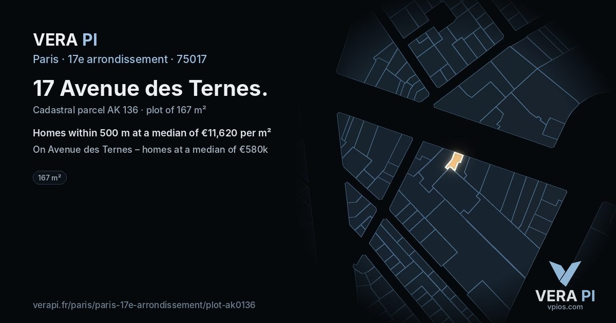 17 Avenue des Ternes, 17e arrondissement at night – the plot lit, the parcels around coloured by the prices near them