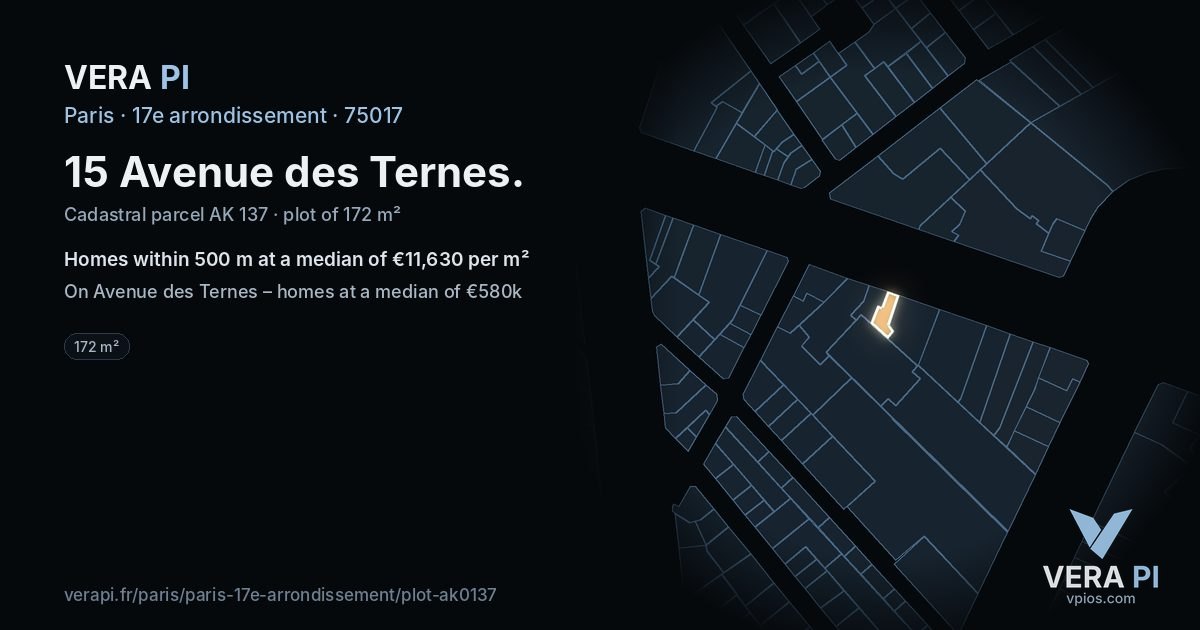 15 Avenue des Ternes, 17e arrondissement at night – the plot lit, the parcels around coloured by the prices near them
