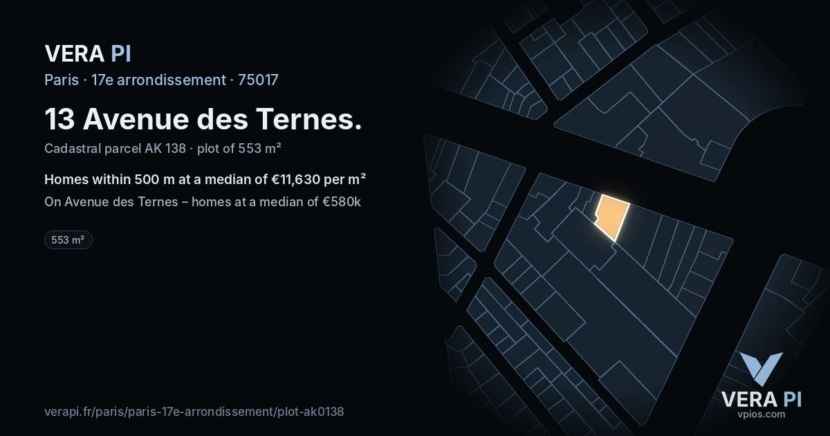 13 Avenue des Ternes, 17e arrondissement at night – the plot lit, the parcels around coloured by the prices near them
