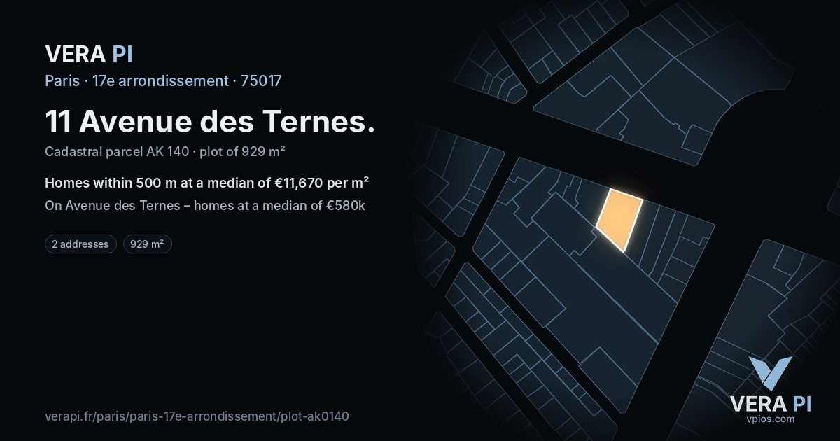 11 Avenue des Ternes, 17e arrondissement at night – the plot lit, the parcels around coloured by the prices near them