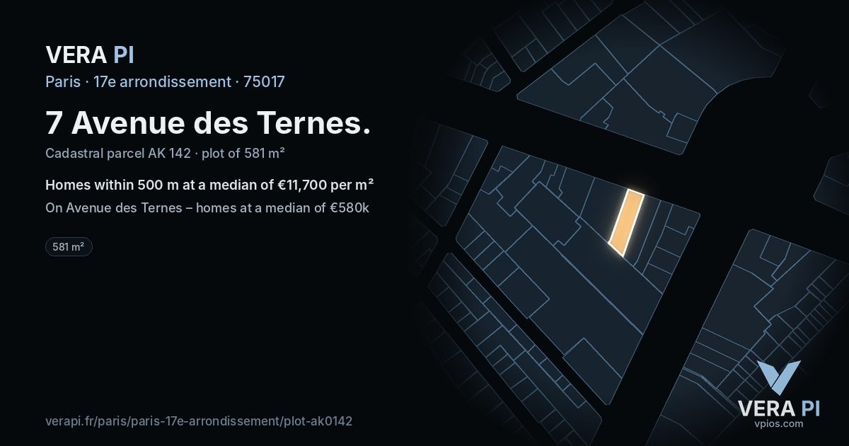 7 Avenue des Ternes, 17e arrondissement at night – the plot lit, the parcels around coloured by the prices near them