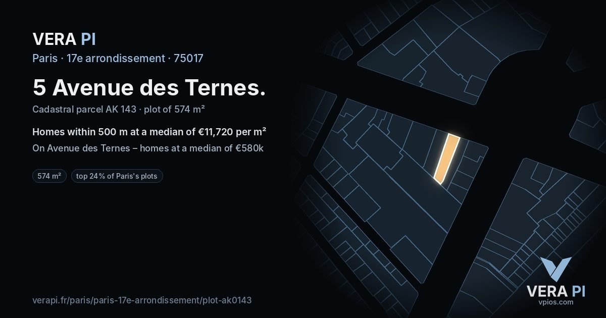 5 Avenue des Ternes, 17e arrondissement at night – the plot lit, the parcels around coloured by the prices near them