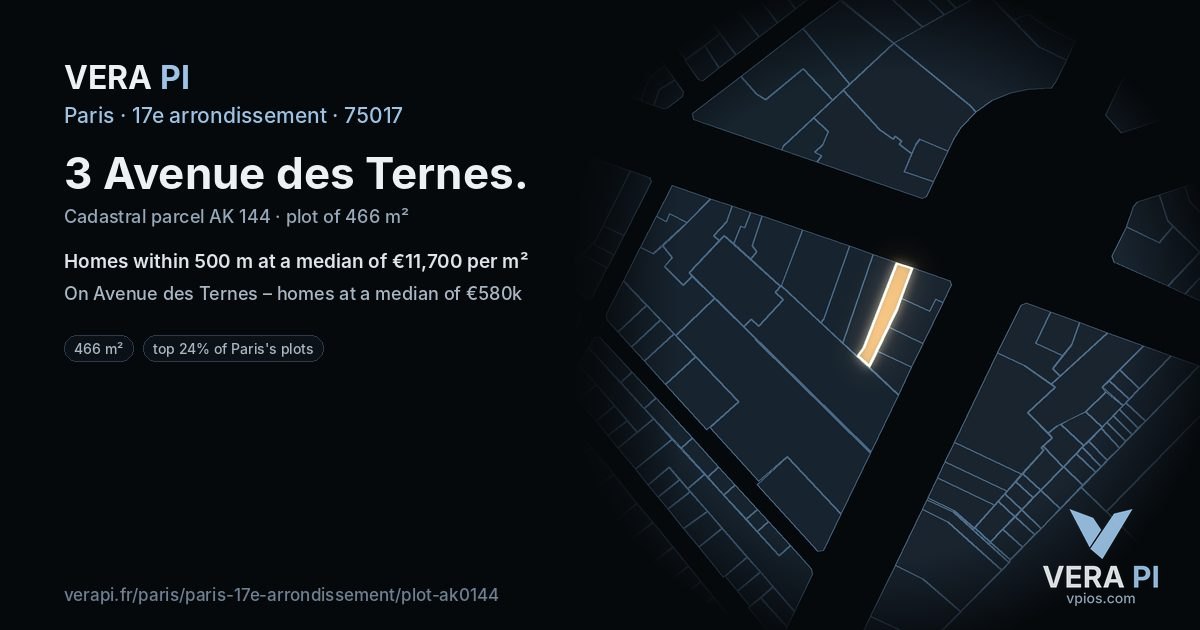 3 Avenue des Ternes, 17e arrondissement at night – the plot lit, the parcels around coloured by the prices near them