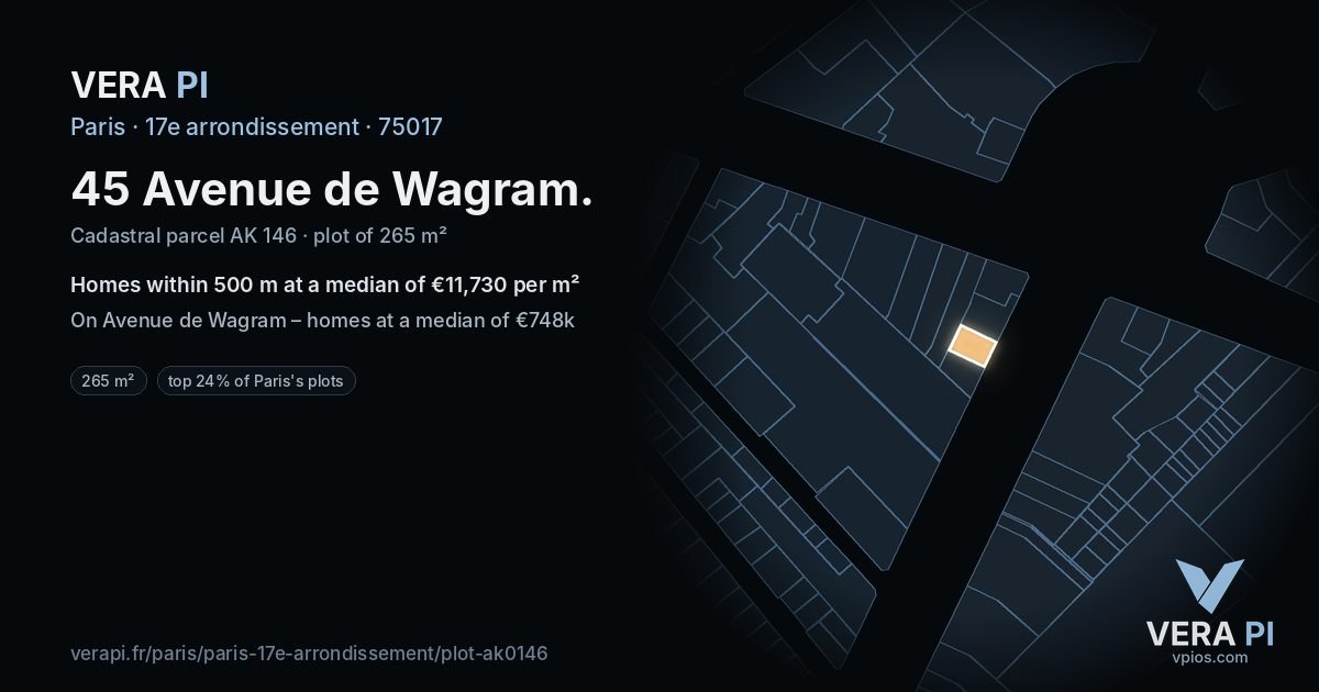 45 Avenue de Wagram, 17e arrondissement at night – the plot lit, the parcels around coloured by the prices near them