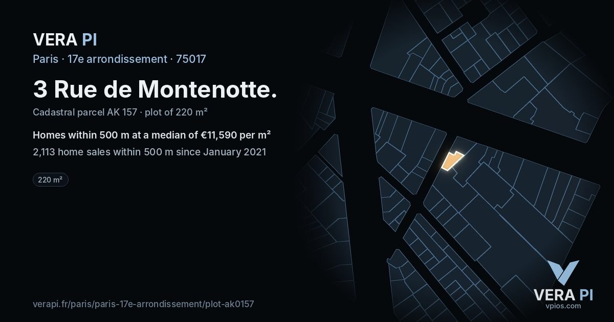 3 Rue de Montenotte, 17e arrondissement at night – the plot lit, the parcels around coloured by the prices near them