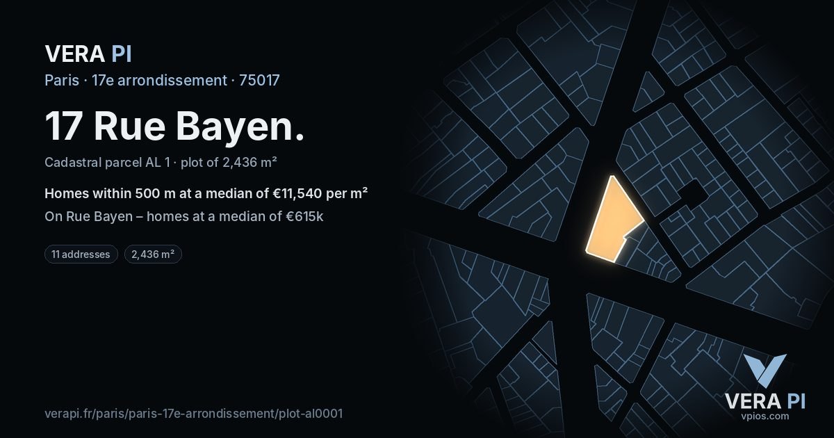 17 Rue Bayen, 17e arrondissement at night – the plot lit, the parcels around coloured by the prices near them