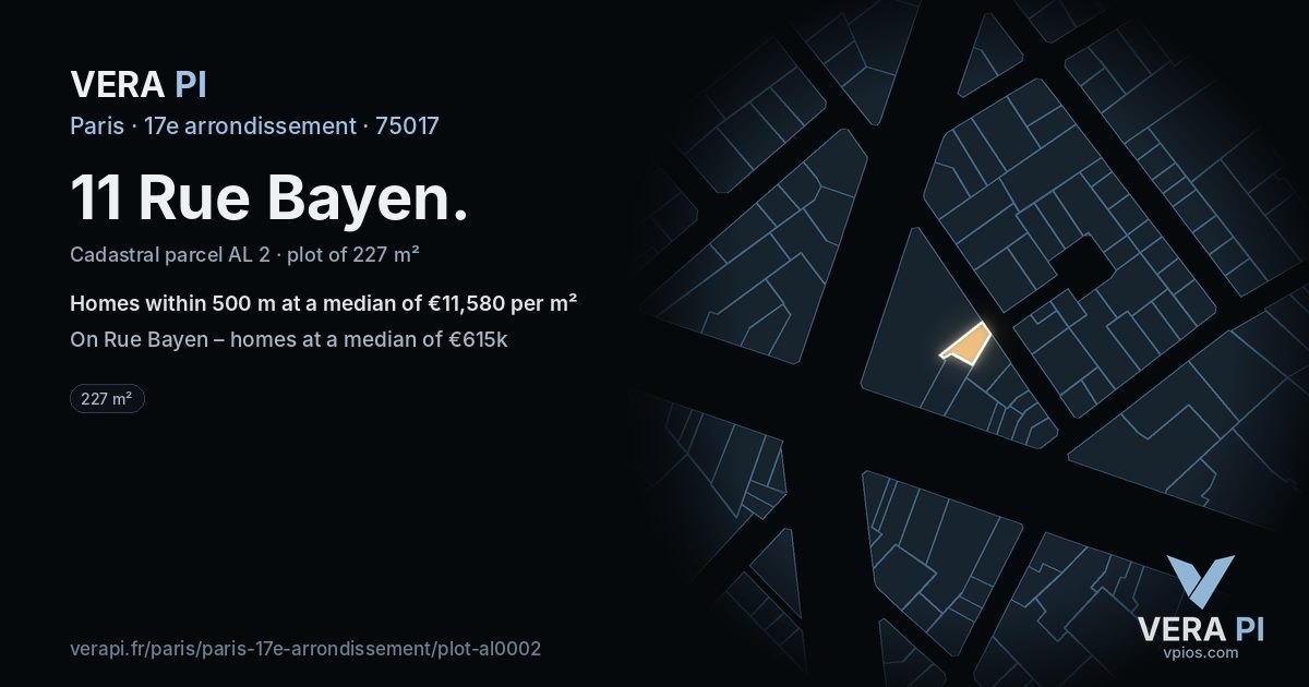 11 Rue Bayen, 17e arrondissement at night – the plot lit, the parcels around coloured by the prices near them