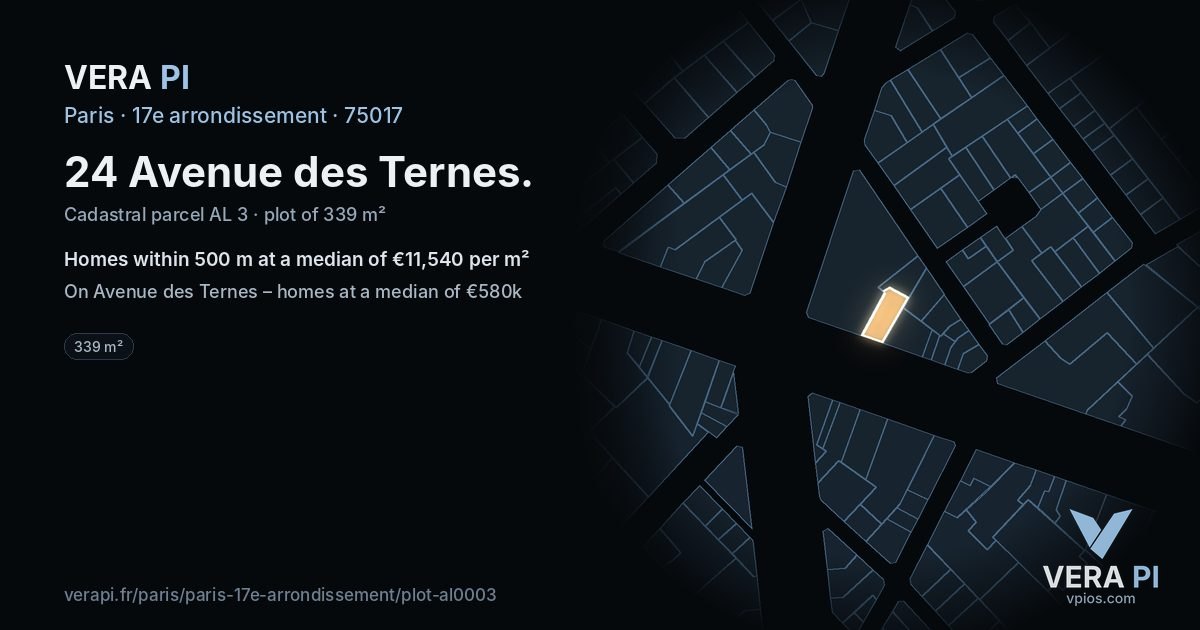 24 Avenue des Ternes, 17e arrondissement at night – the plot lit, the parcels around coloured by the prices near them