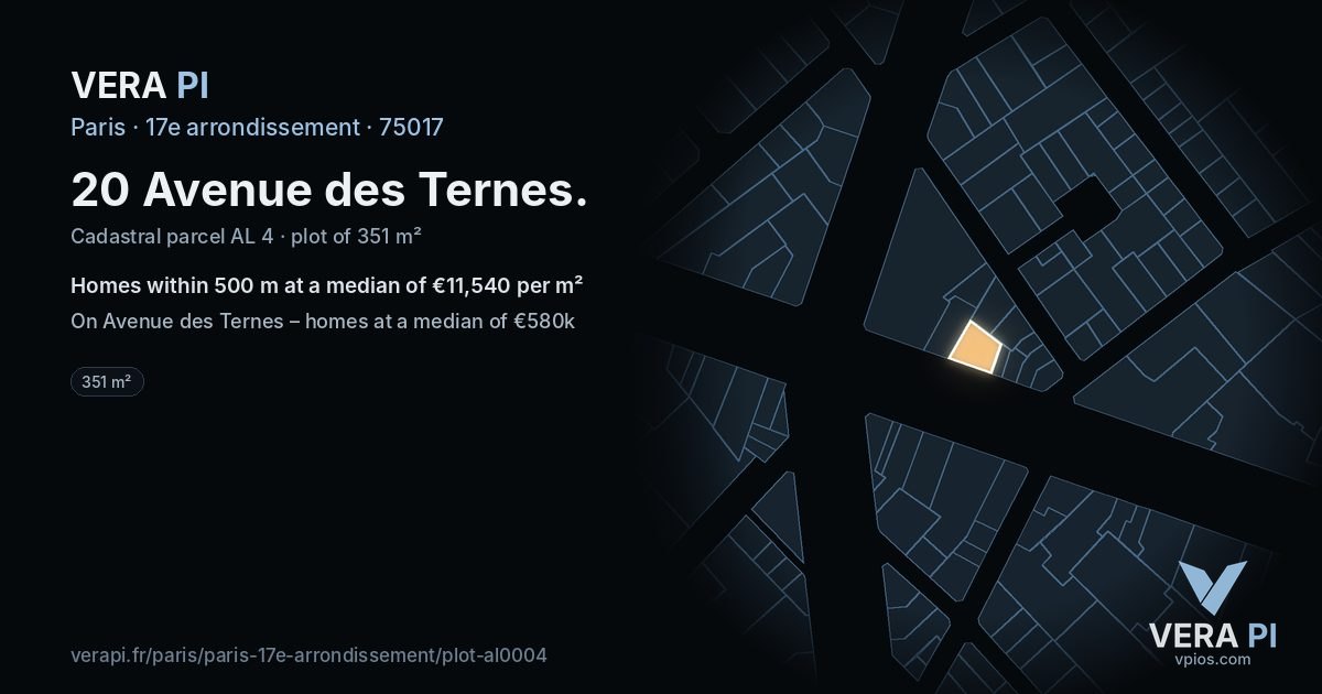 20 Avenue des Ternes, 17e arrondissement at night – the plot lit, the parcels around coloured by the prices near them