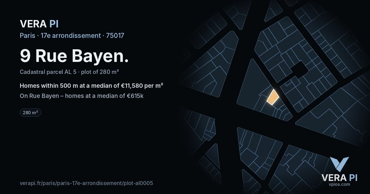9 Rue Bayen, 17e arrondissement at night – the plot lit, the parcels around coloured by the prices near them