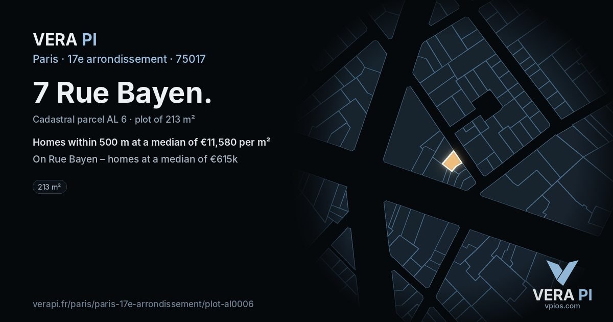 7 Rue Bayen, 17e arrondissement at night – the plot lit, the parcels around coloured by the prices near them