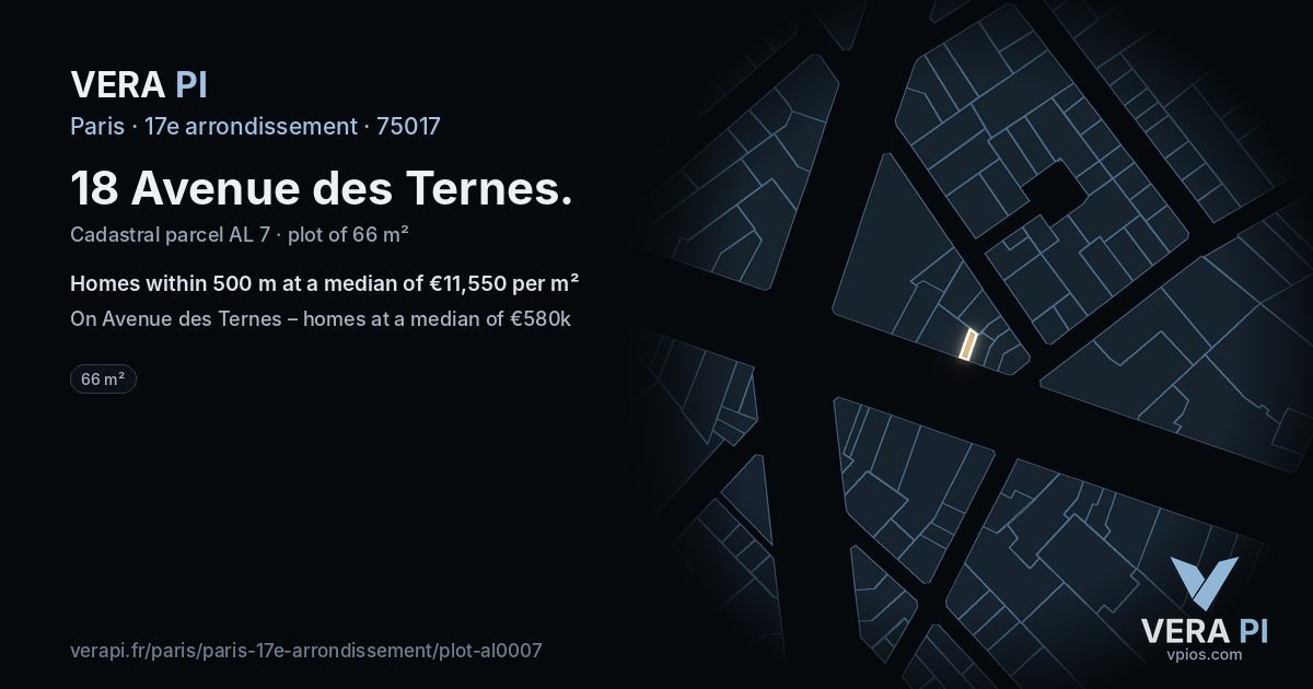 18 Avenue des Ternes, 17e arrondissement at night – the plot lit, the parcels around coloured by the prices near them