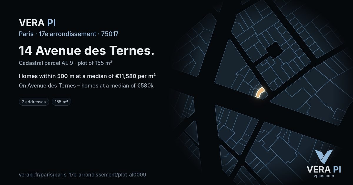 14 Avenue des Ternes, 17e arrondissement at night – the plot lit, the parcels around coloured by the prices near them