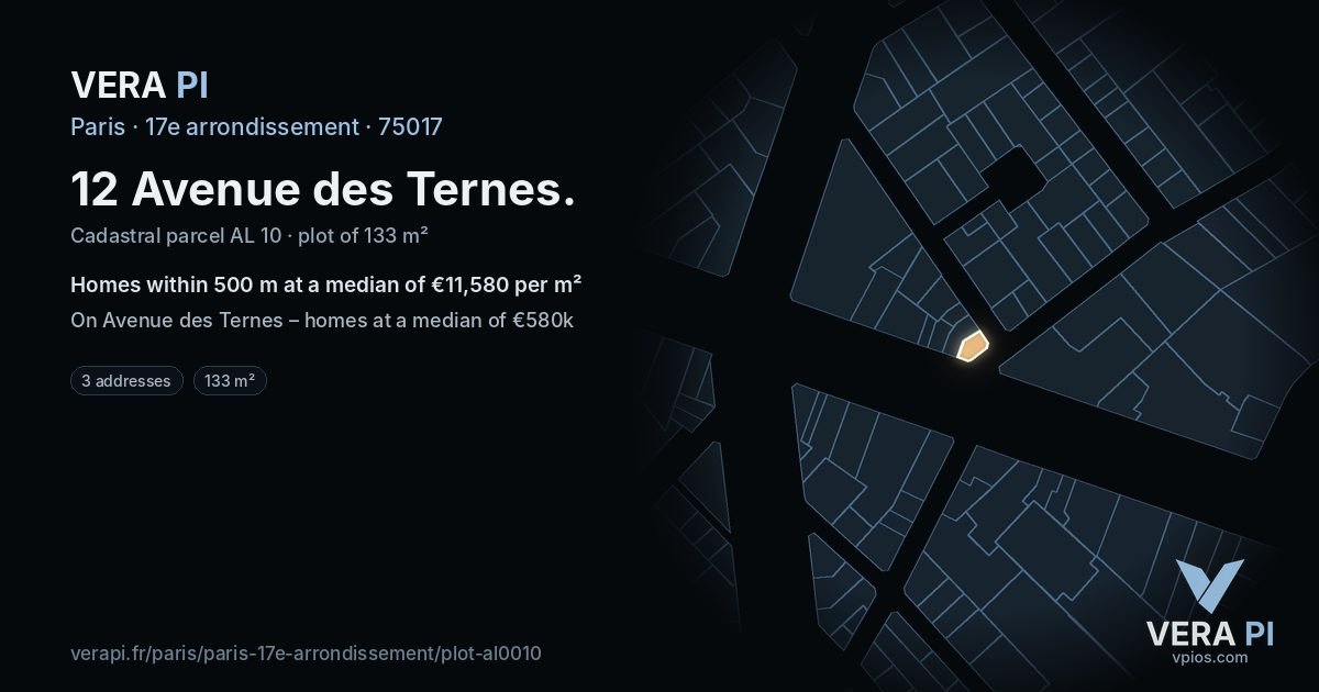 12 Avenue des Ternes, 17e arrondissement at night – the plot lit, the parcels around coloured by the prices near them