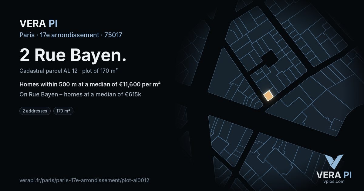 2 Rue Bayen, 17e arrondissement at night – the plot lit, the parcels around coloured by the prices near them