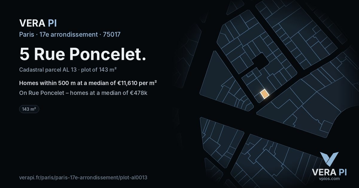5 Rue Poncelet, 17e arrondissement at night – the plot lit, the parcels around coloured by the prices near them