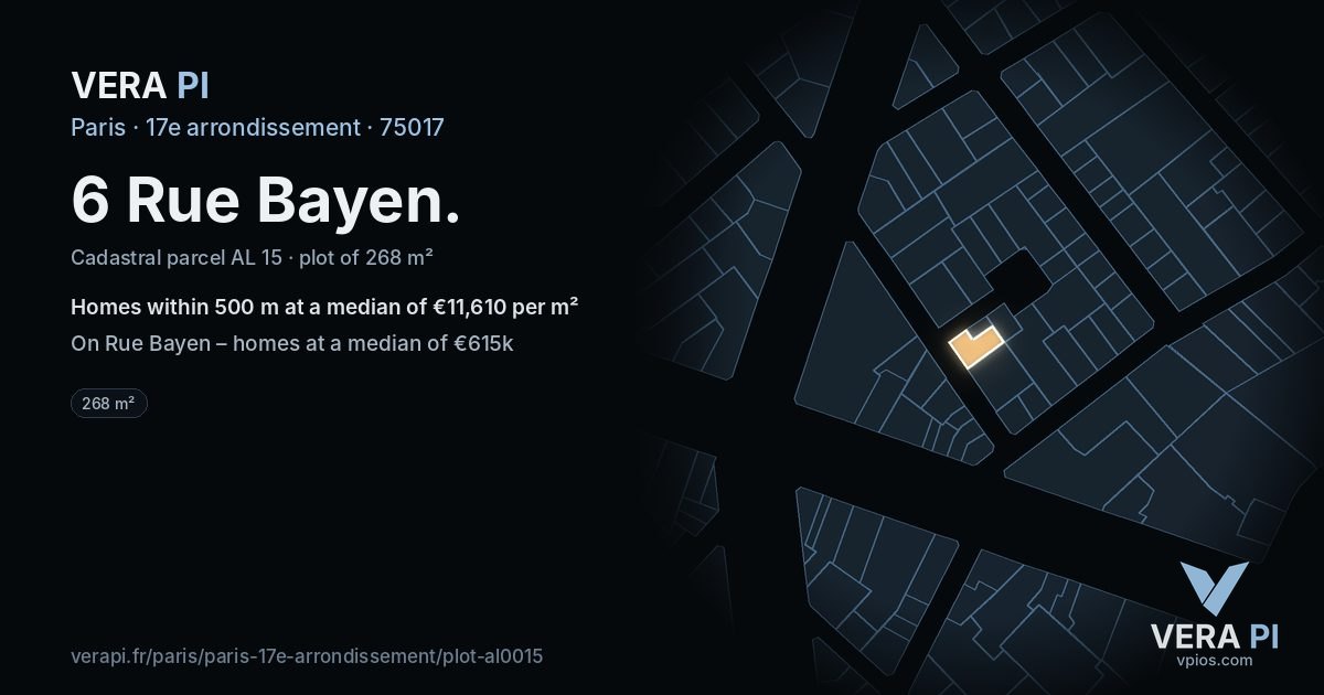 6 Rue Bayen, 17e arrondissement at night – the plot lit, the parcels around coloured by the prices near them