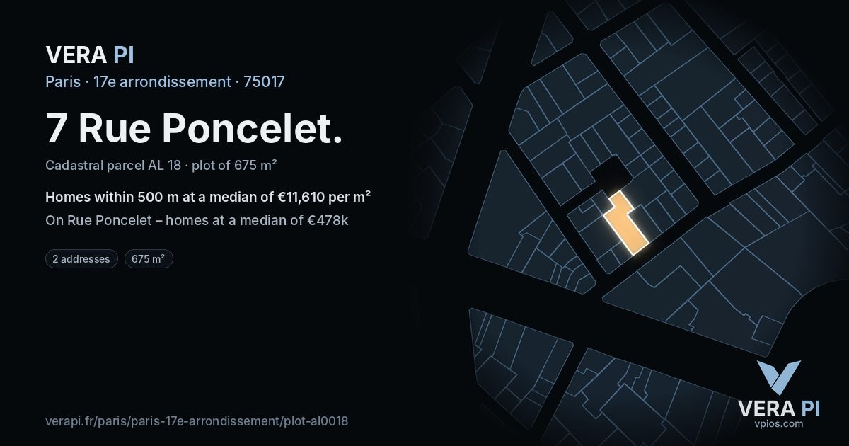 7 Rue Poncelet, 17e arrondissement at night – the plot lit, the parcels around coloured by the prices near them