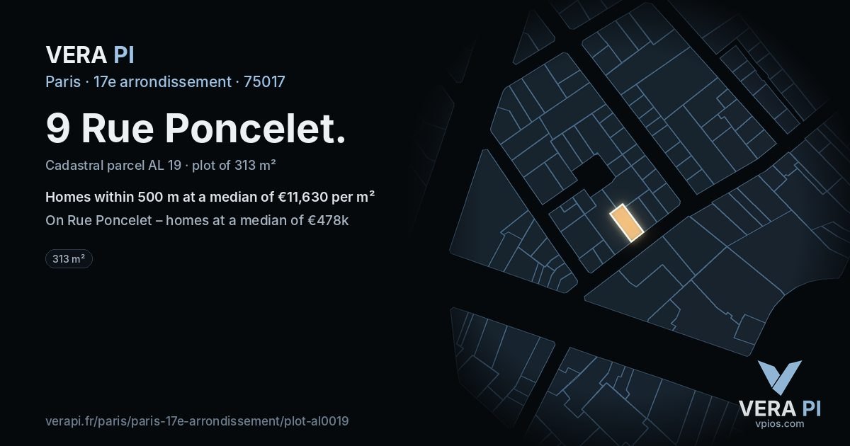 9 Rue Poncelet, 17e arrondissement at night – the plot lit, the parcels around coloured by the prices near them