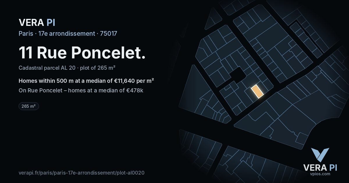 11 Rue Poncelet, 17e arrondissement at night – the plot lit, the parcels around coloured by the prices near them