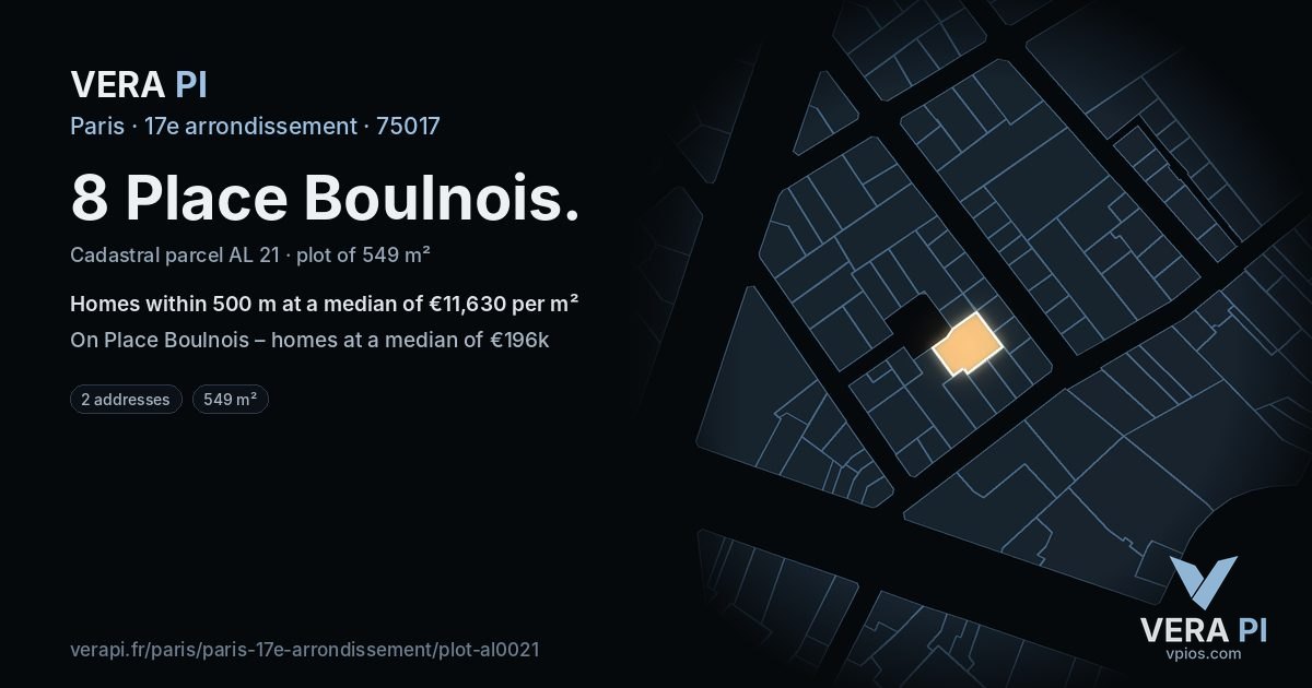 8 Place Boulnois, 17e arrondissement at night – the plot lit, the parcels around coloured by the prices near them