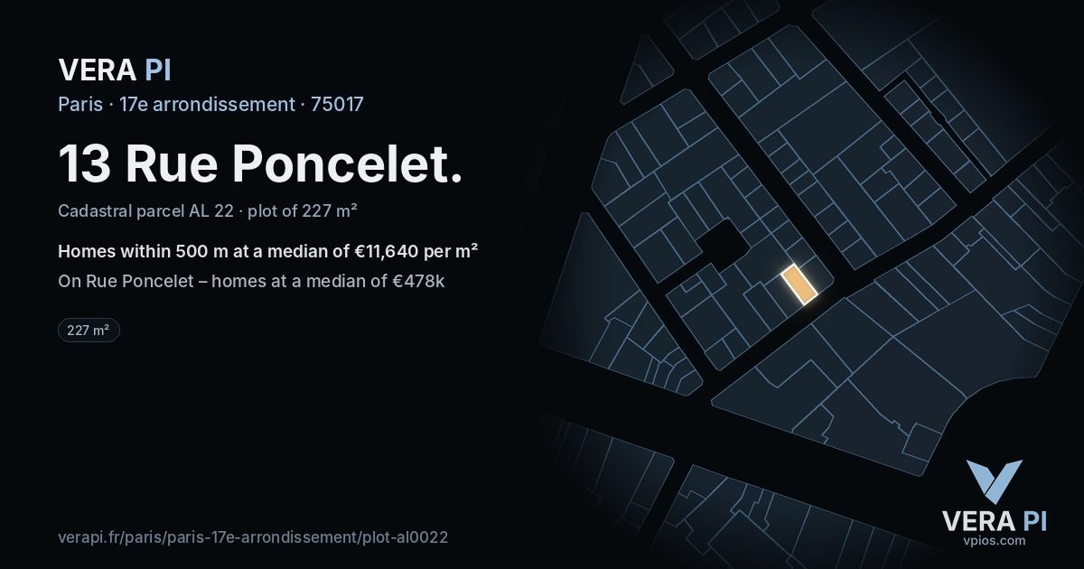 13 Rue Poncelet, 17e arrondissement at night – the plot lit, the parcels around coloured by the prices near them