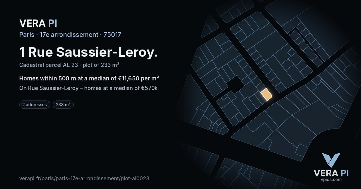 1 Rue Saussier-Leroy, 17e arrondissement at night – the plot lit, the parcels around coloured by the prices near them