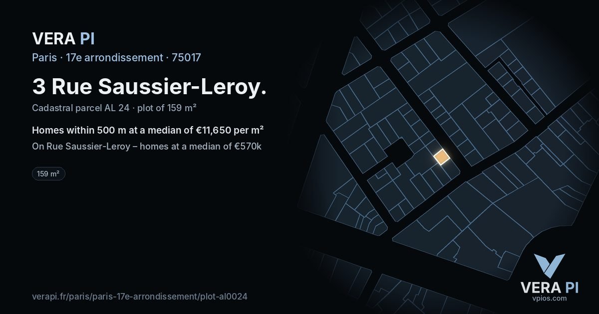 3 Rue Saussier-Leroy, 17e arrondissement at night – the plot lit, the parcels around coloured by the prices near them