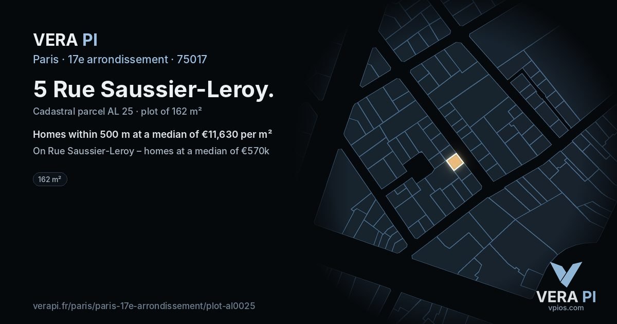 5 Rue Saussier-Leroy, 17e arrondissement at night – the plot lit, the parcels around coloured by the prices near them