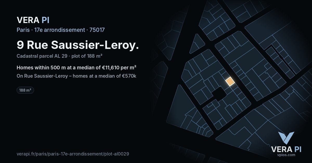 9 Rue Saussier-Leroy, 17e arrondissement at night – the plot lit, the parcels around coloured by the prices near them